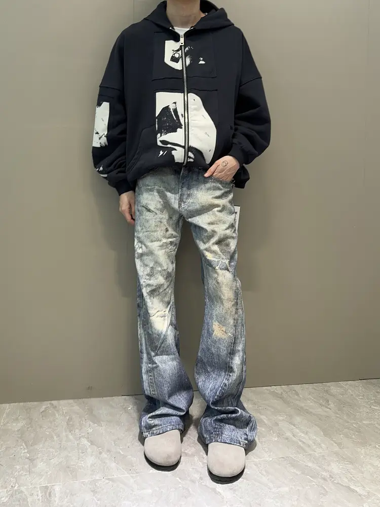Setsail American-Style Distressed Dirty-Dyed Ripped Jeans for Men, High Street Niche Heavy-Washed Straight-Leg Casual Wide-Leg Pants