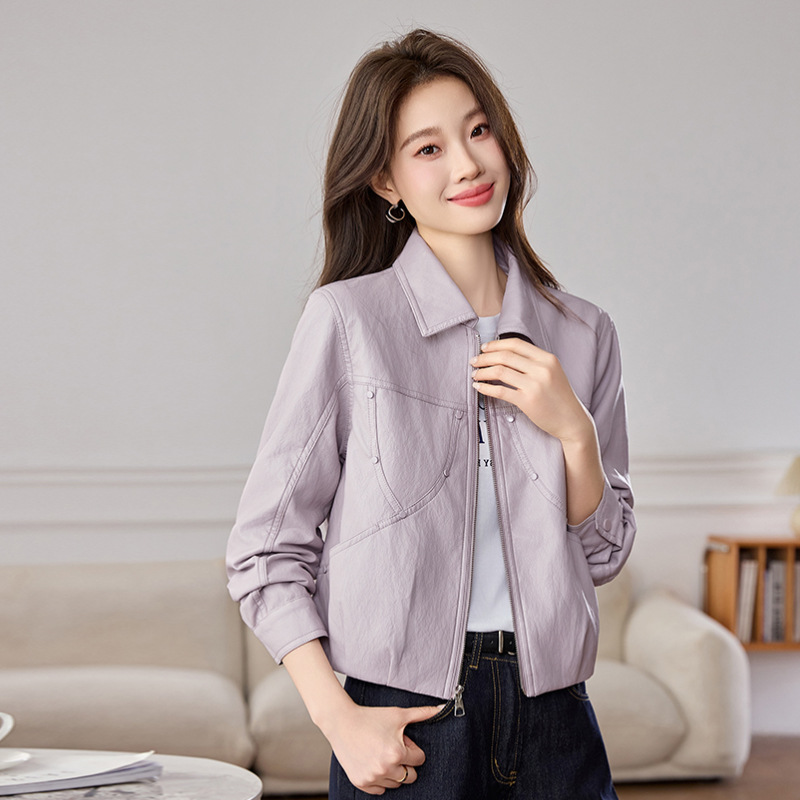 Taro Purple Korean Style Super Stylish Leather Jacket for Women, Short Style, 2026 Spring Collection, Petite Size, Turn-Down Collar Pu Leather Jacket