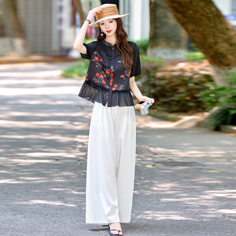 2026 Spring and Summer New Design with a Sense of National Style, Retro Printed Chiffon Shirt, Loose Shirt, Wide-Leg Pants Two-Piece Set for Women