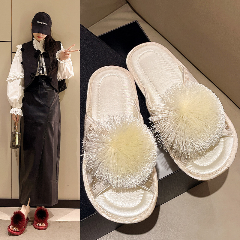 French Satin High-end Sense Indoor Home Slippers Women's New Style National Style Embroidered Household High-end Tassel Ball Sandals