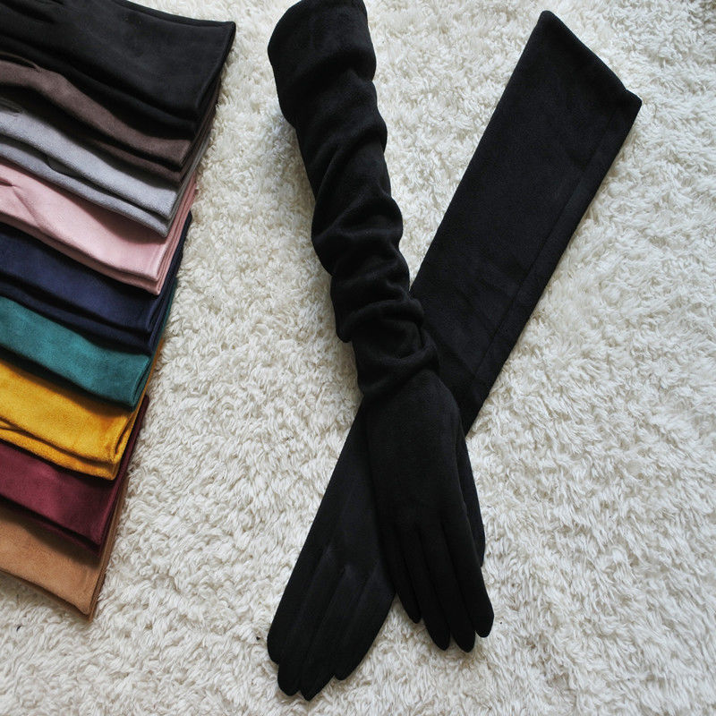 Autumn and Winter Suede Gloves Women's Long fleece-lined Touch Screen Performance Gloves Elbow Thin Gloves