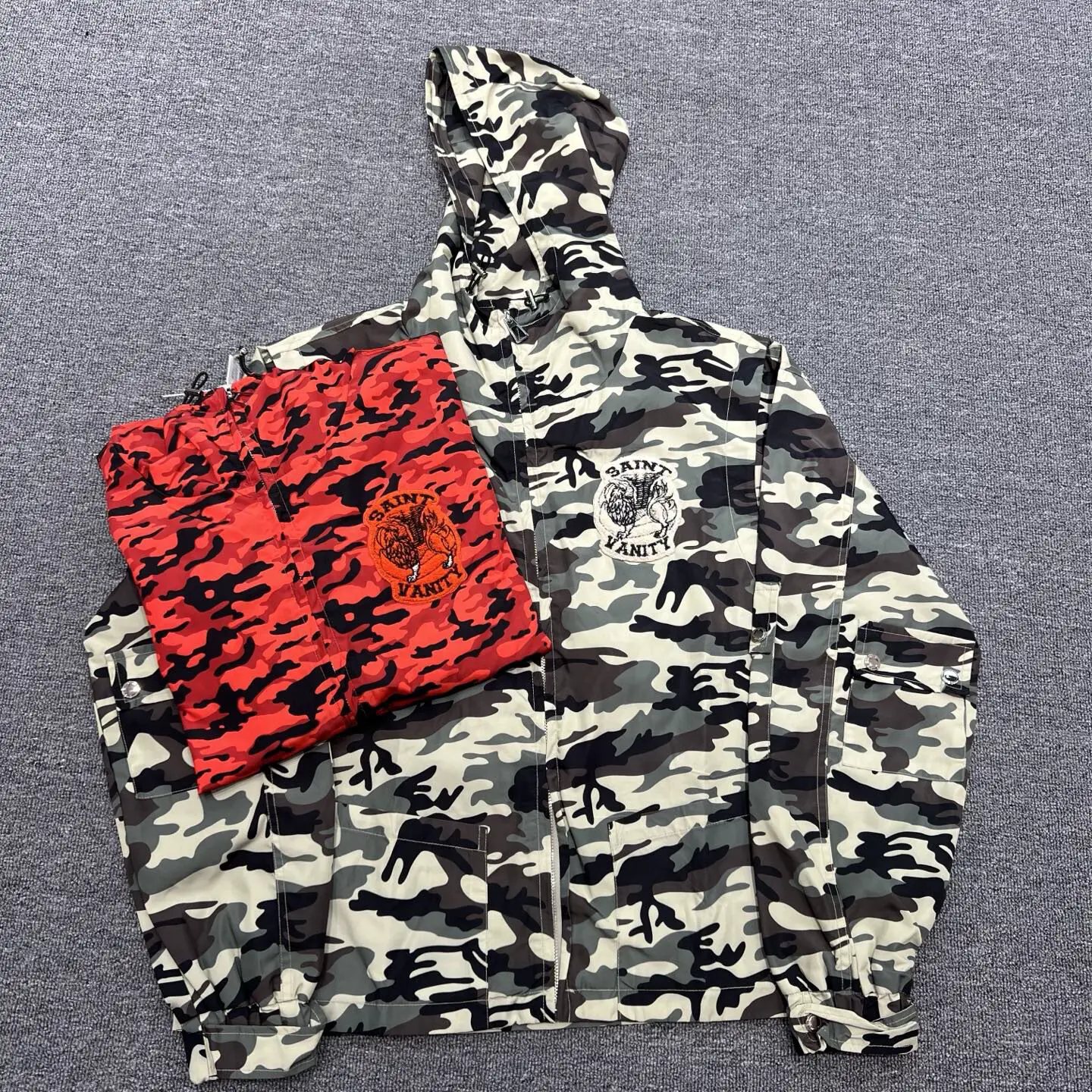 Cross-Border Niche Brand Saint Vanity Red and Black Camouflage Print Casual Men's Loose Hooded Windbreaker Jacket