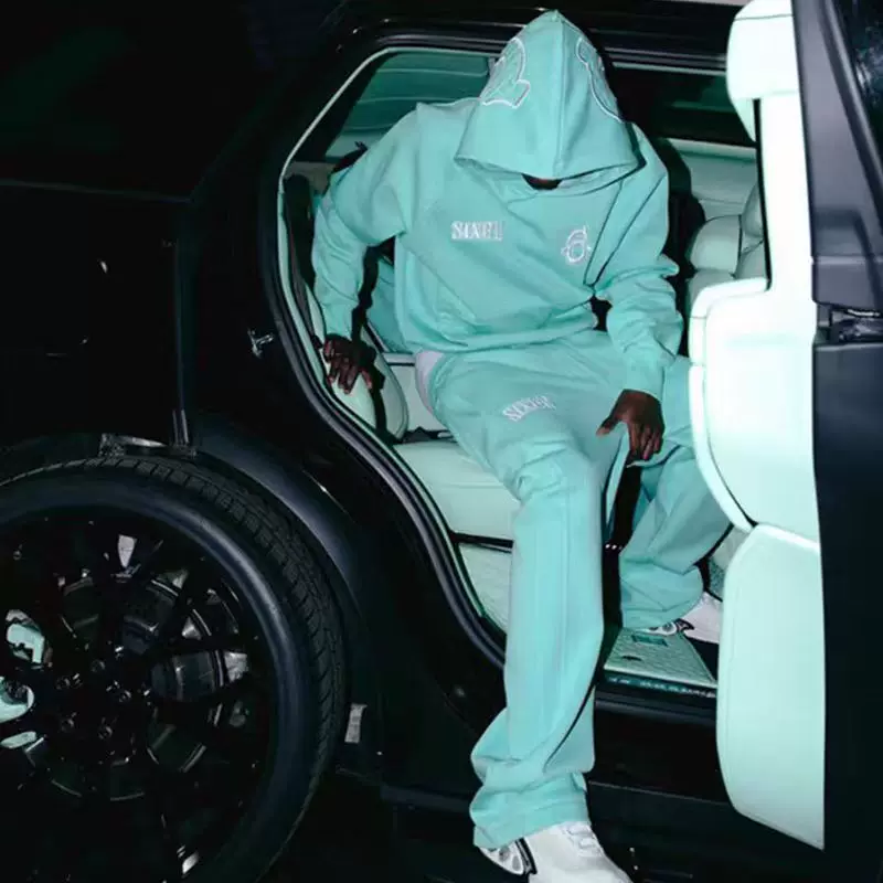 6Pm American Street Style Fleece-Lined Pullover Hoodie for Men, Drill Hip-Hop Sports Casual Straight-Leg Sweatpants Set, Trendy