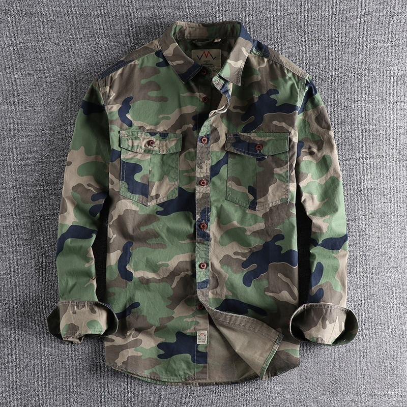 Khaki Washed Camouflage American-Style Workwear Long-Sleeve Shirt for Men with Double Pockets, Versatile Casual Military-Style Youth Top, in Stock