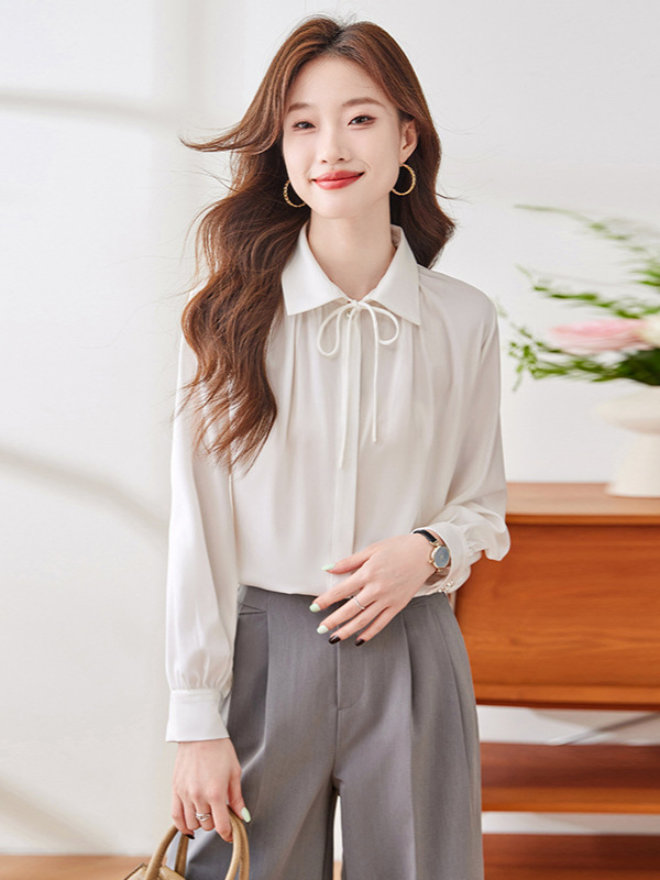 Design Sense Fashionable Elegant Long-sleeved Shirt Women's Autumn 2024 Simple Casual Western Style All-match Lantern Sleeve Top