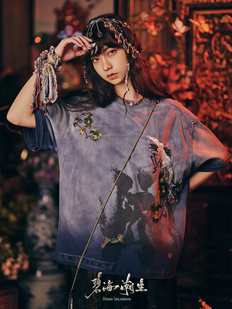 Bihai Chaosheng <Fengshen> Spring and Summer New Arrival Chinese Style Chinese Fad Pure Cotton Embroidery Printing Washed Short Sleeve T-Shirt Men and Women