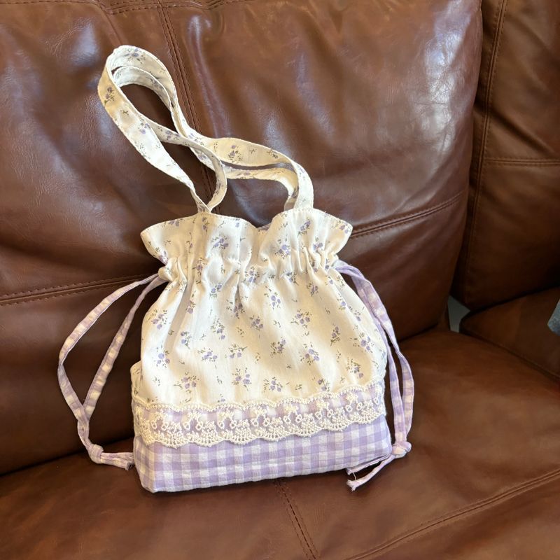 2025 Summer New Purple Floral Plaid Bag Cute Travel Bag Drawstring Bag Women's Crossbody Bag