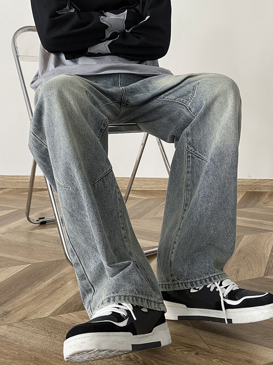 High-End Retro Distressed Washed Handsome Jeans Men's Autumn and Winter New White Loose Straight Men's Trousers