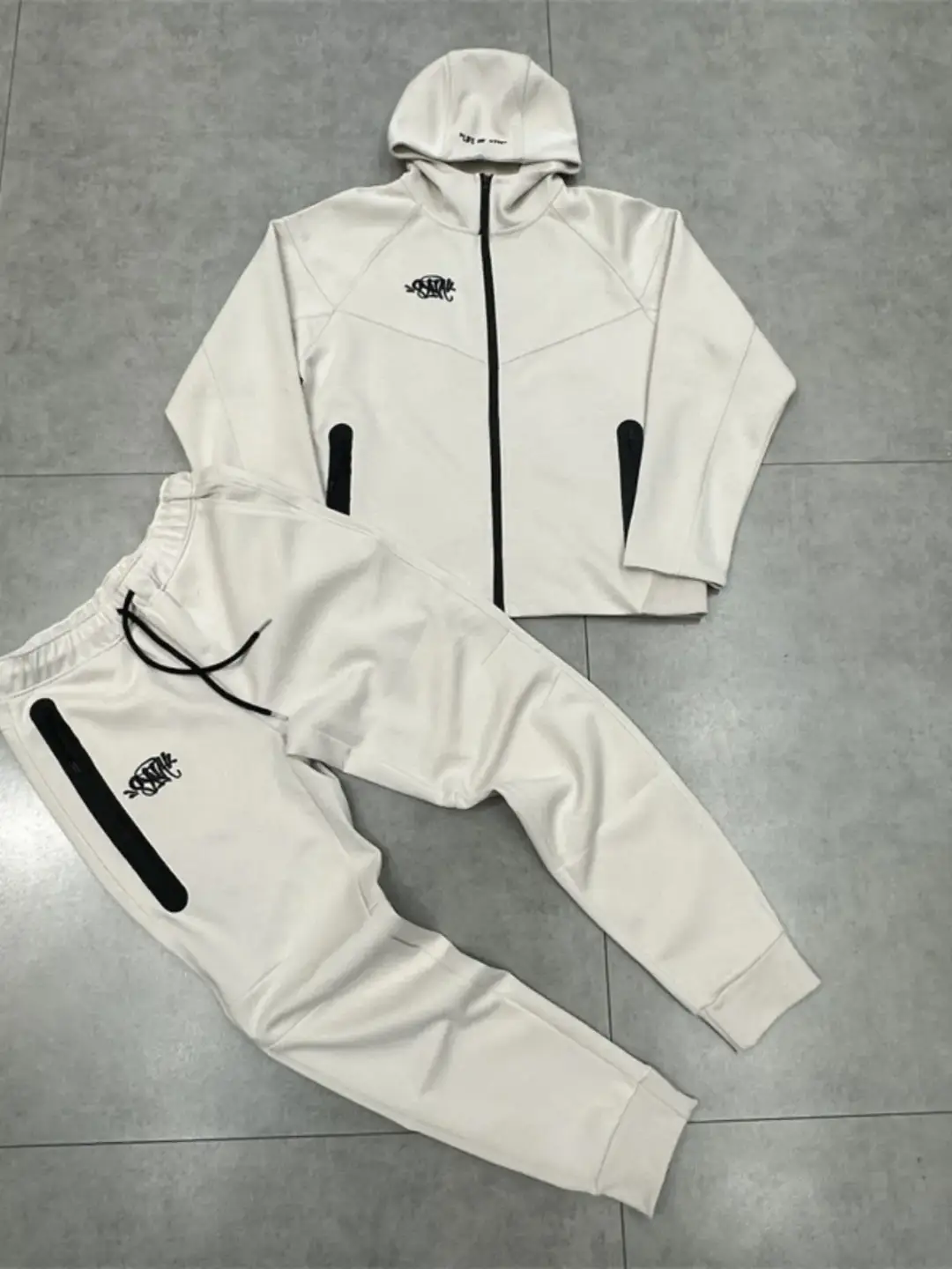 Meichao Syna Small Label Embroider Patchwork Contrast Color Fleece-lined Men and Women Cardigan Hooded Outwear Casual Zipper pants Suit