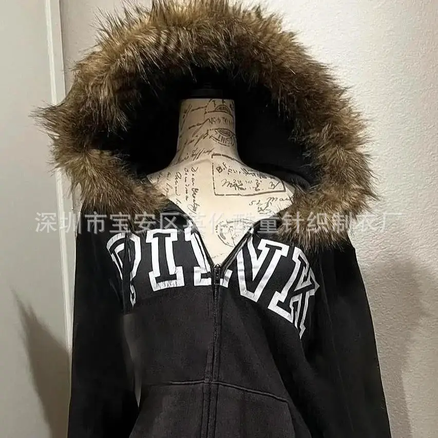 Cross-Border 2025 Zipper Fur Collar Cardigan Sweatshirt Trendy Street Internet Celebrity Hooded Cardigan Hot Girl Jacket New Top