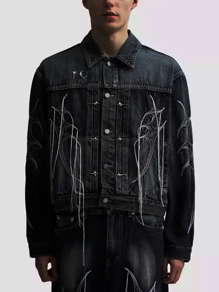 Oem】Thug Club 24Ss New Vintage Washed Denim Loose Jacket with Fly Line Design
