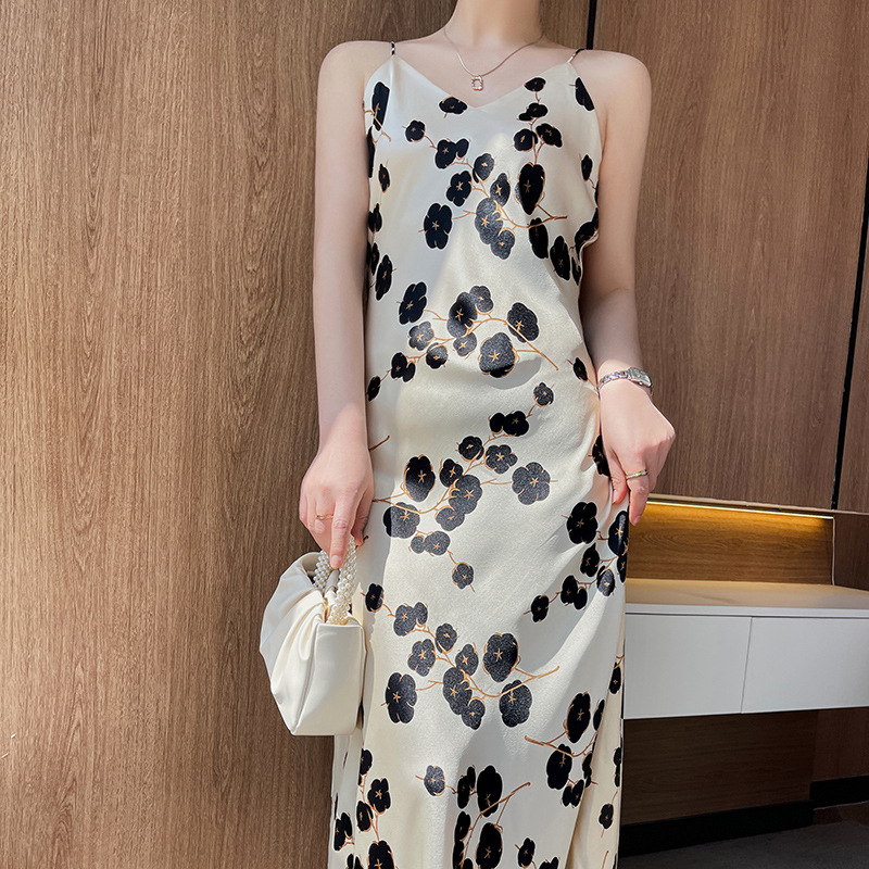 Triacetate Satin French Design Western Style Sling Dress Women's Spring and Summer Bottoming V-Neck Printed A- Line Long Dress
