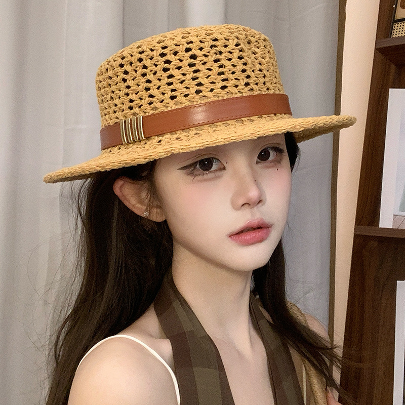 French Old Money Style Hollow-Out Straw Hat, Vintage Flat-Top Hat for Summer Outings, Beach Vacations, Sun Protection, and Sunshade Hat