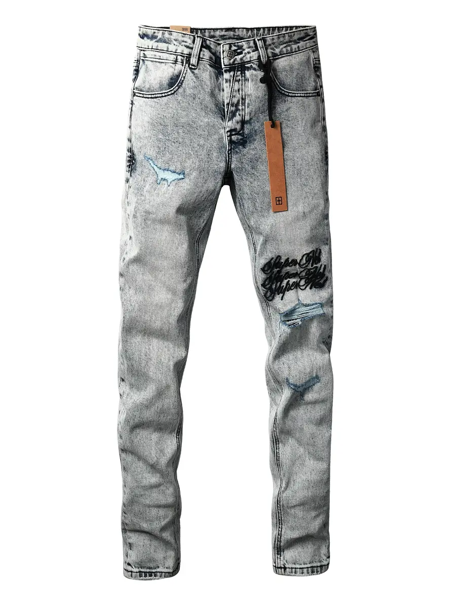 KSUBI JEANS 美式潮牌新款浅色做旧水洗LOGO刺绣修身破洞牛仔裤男