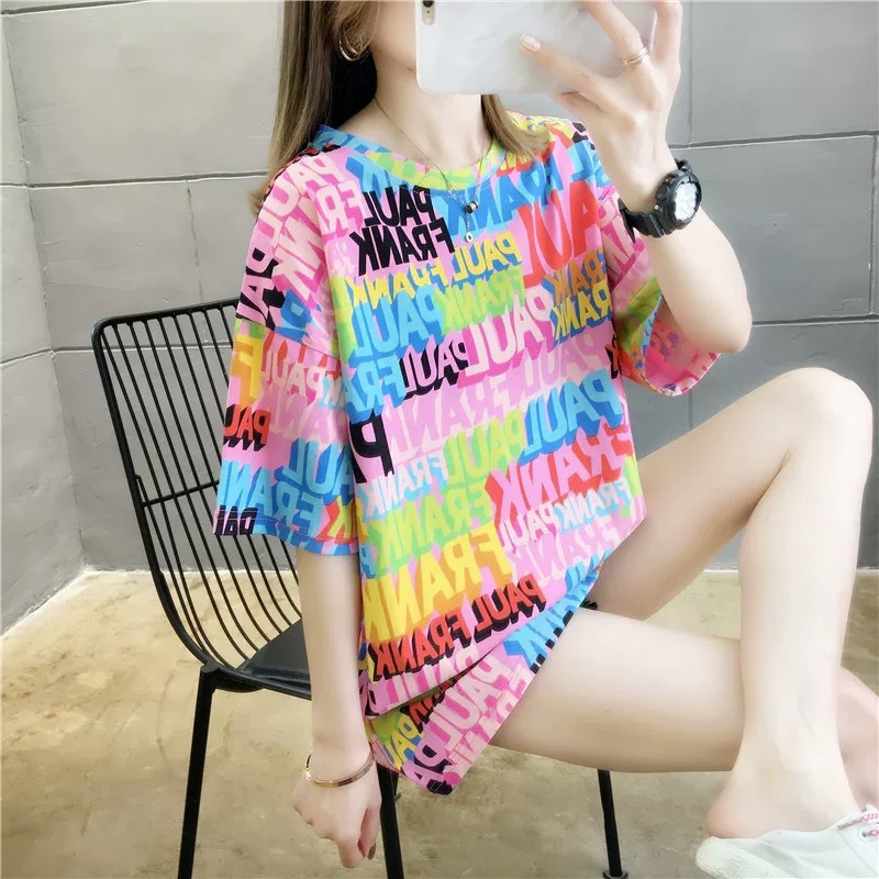 2026 Spring and Summer New Korean Style Letter Printed Short-Sleeved T-Shirt Plus Size Women's Ins Loose and Stylish Mid-Length Top