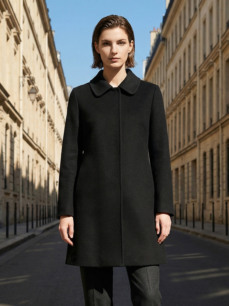 Black Double-Sided Wool Coat, Mid-Length, Doll Collar, Woolen Outerwear, New Autumn and Winter Style, Direct from the Factory, Made from Sheep Wool