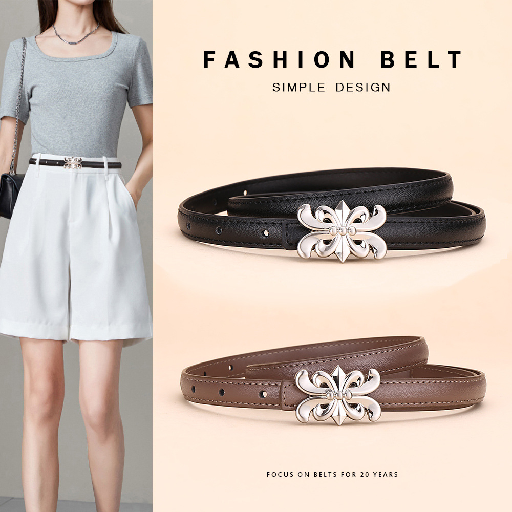 New Style Cowhide Leather Belt for Women, Versatile Dress Belt, Thin Belt, Women's Design, High-End, Retro Fashion