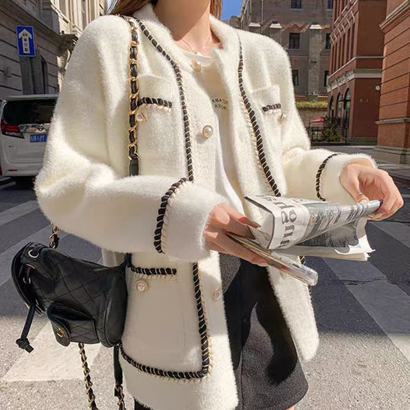 Maoning Autumn and Winter Outwear New Imitation Mink Velvet Sweater Cardigan Small Fragrant Style Trimmed Pearl Button Knitted Women's Top