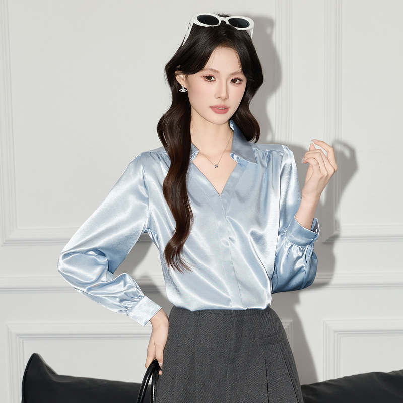 2026 Spring and Autumn New Women's Fashion Mature Commuting Style V-Neck Shiny Satin Shirt Long Sleeve Blue Intellectual Elegant Top