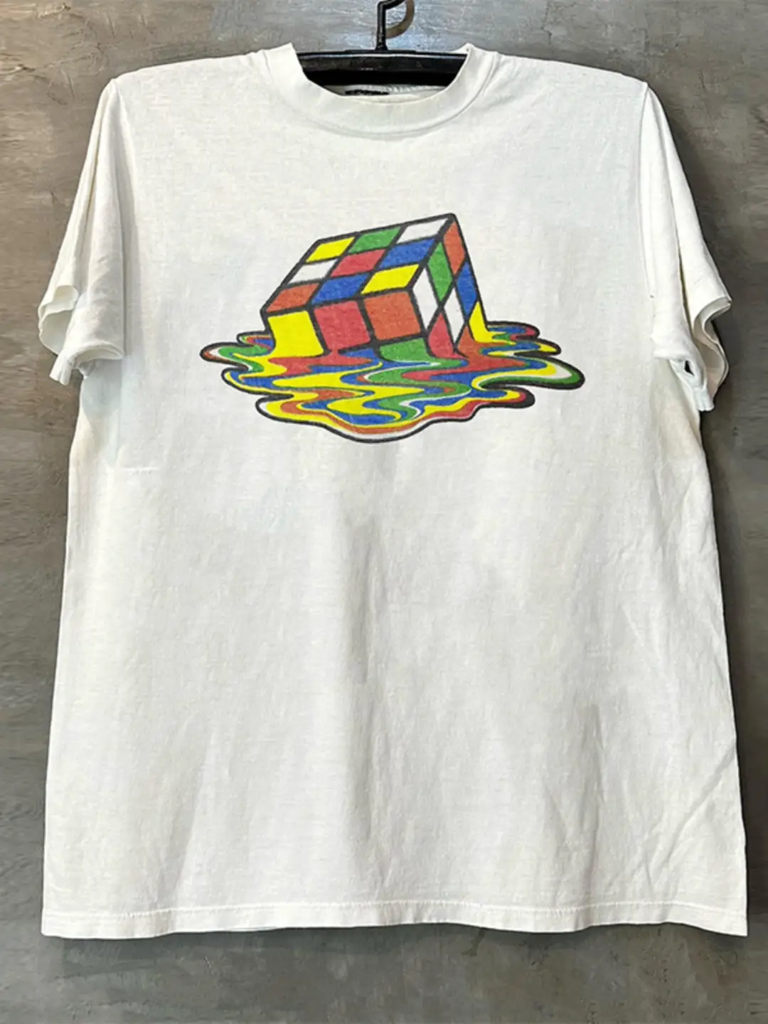 Melted Magic Cube Vintage American Street niche design college style retro short sleeved men's and women's heavyweight cotton T-shirt