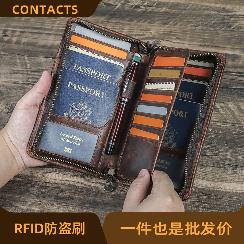 Black Angel Rfid Antimagnetic Travel Family Passport Storage Bag Multifunctional Zipper with Wrist Strap Genuine Leather Passport Bag