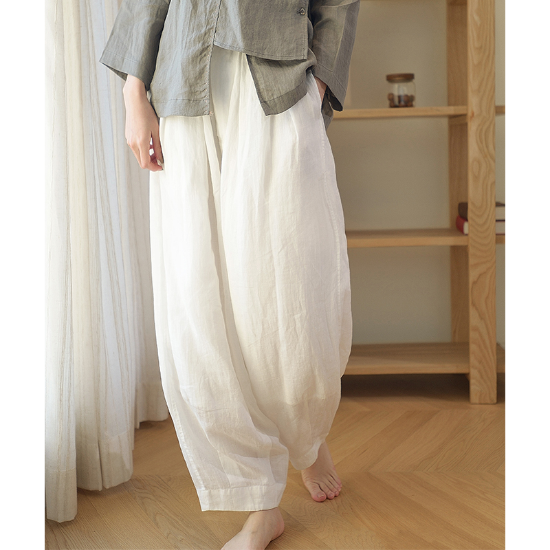 White Ramie Bloomers for Women Spring and Summer Thin Double-layer Loose Large Size Wide-leg Pants Slimming Look Art Cotton and Linen Casual Pants
