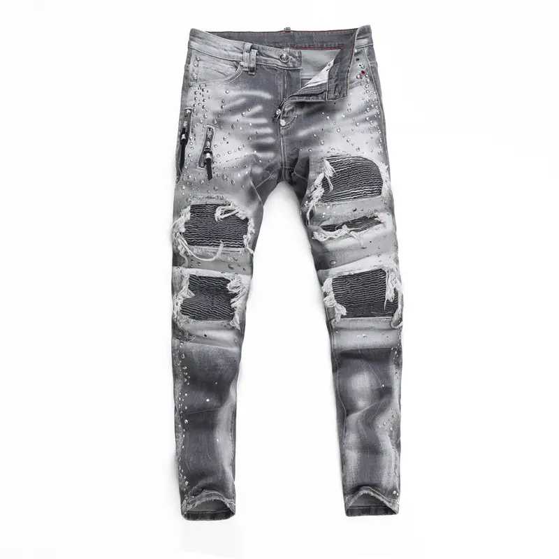 European and American Street Fashion Men's Jeans Distressed Gray Trendy Brand Patchwork Beaded Hip-Hop Stretch Slim Men's Long Pants