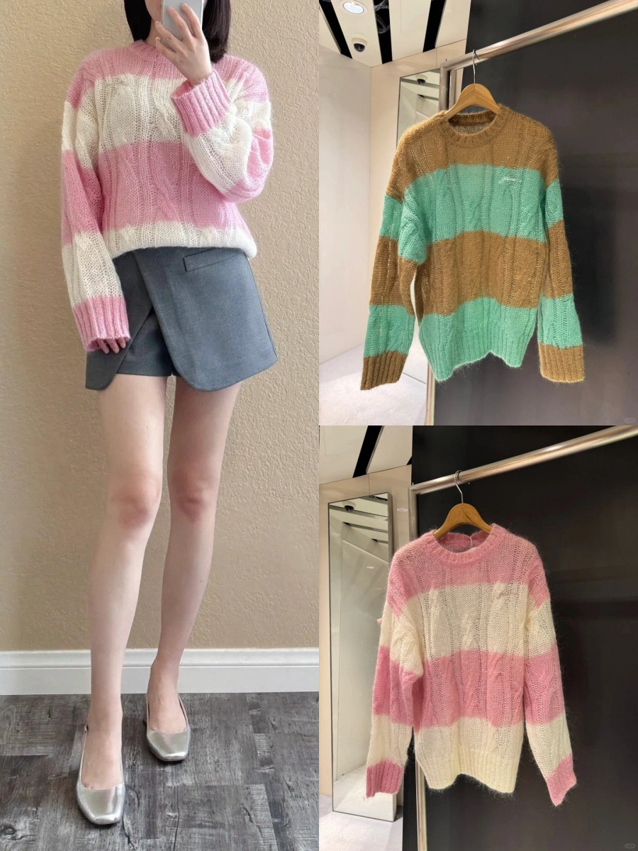 Real wool! 24 Autumn and Winter New Niche Classic Letter Embroidered Mohair Contrast Striped Sweater Top
