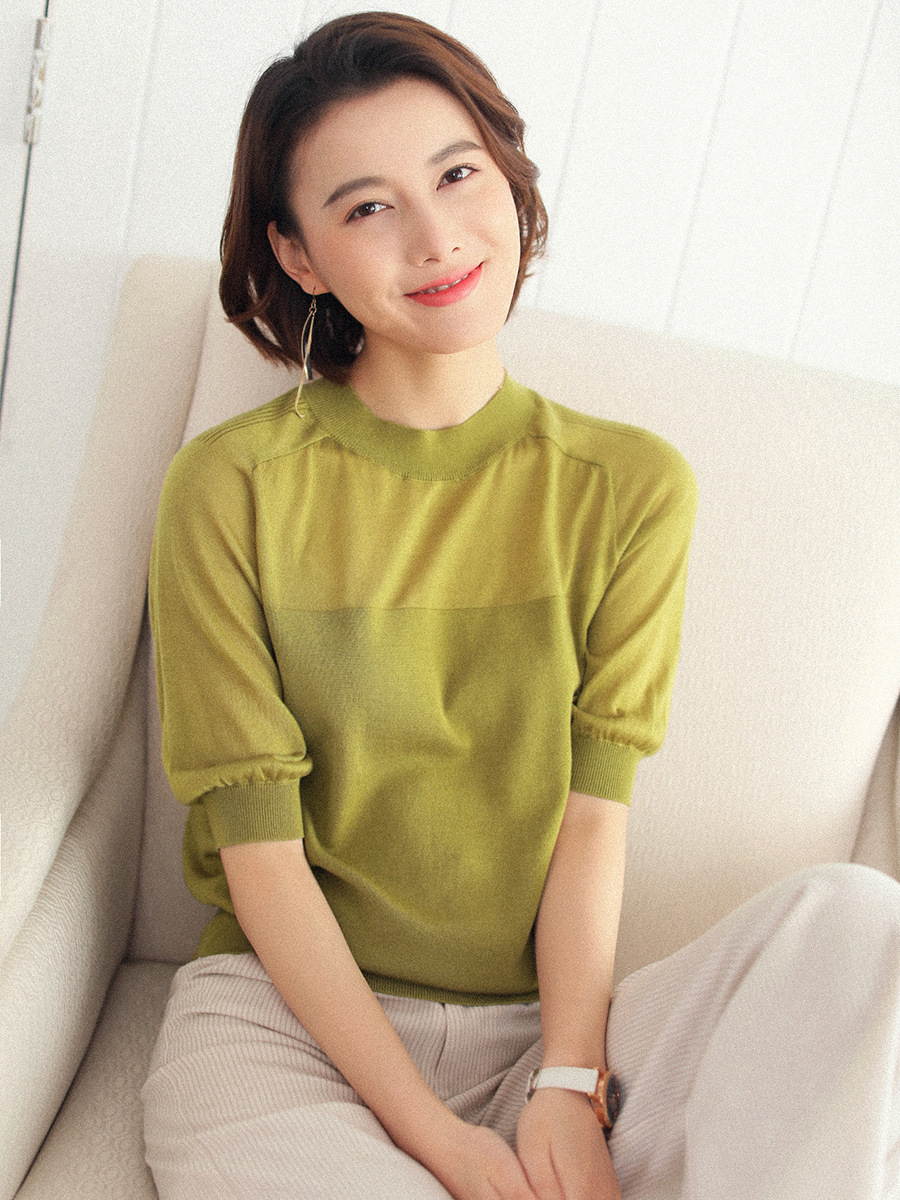 Design Sense Thin Sweater Summer Women's Bubble Short-sleeved Hollow Tencel Top Lyocell Sweater Base Shirt