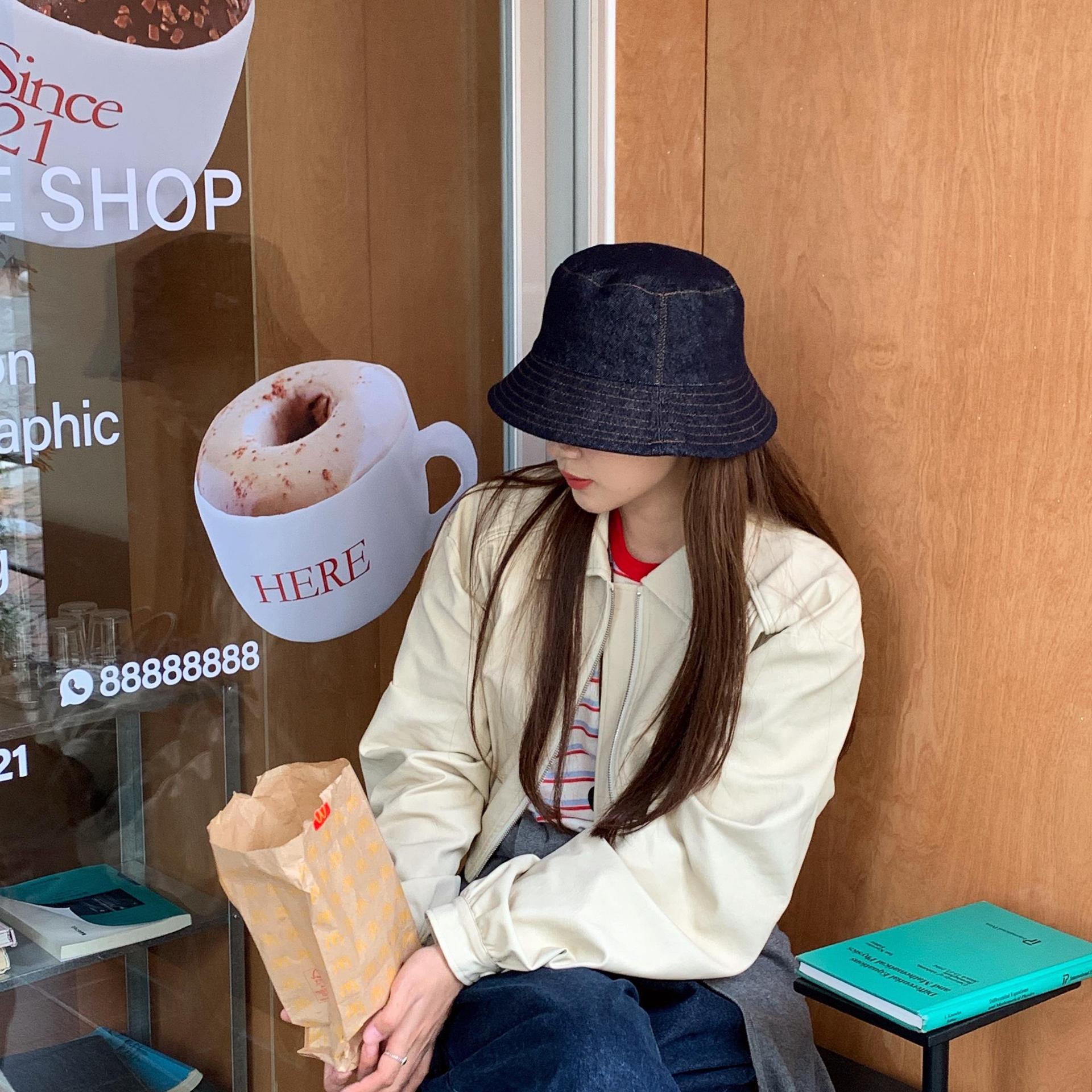 Cheese Shop~Korean Style Denim Fisherman Hat for Women 2025 New Autumn and Winter Double-Sided Plain Hat Showing Face Small Basin Hat