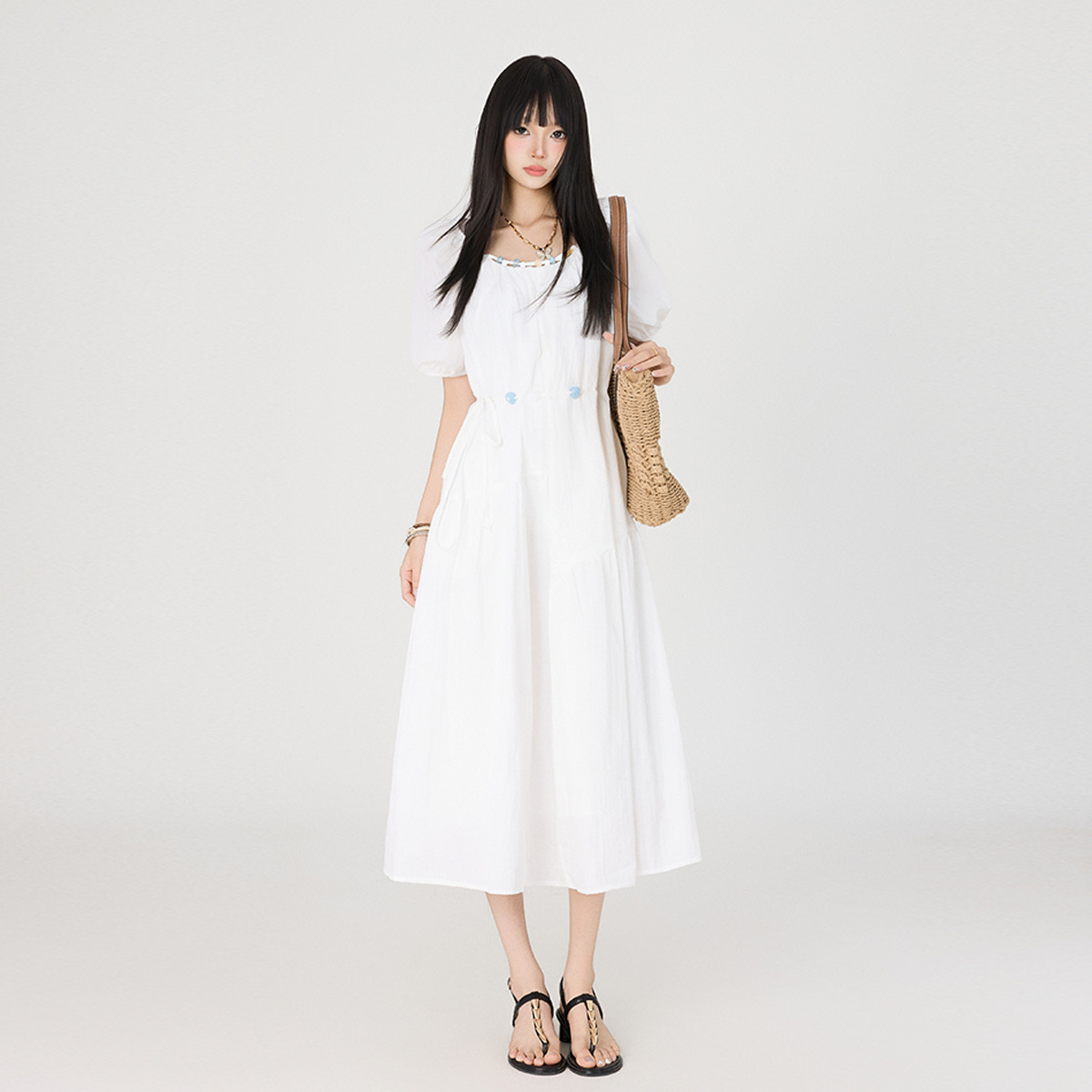 Sweet Age-Reducing French Literary Bubble Short-Sleeved Beaded Women's Summer Temperament Waist Dress Gentle Style Long Skirt
