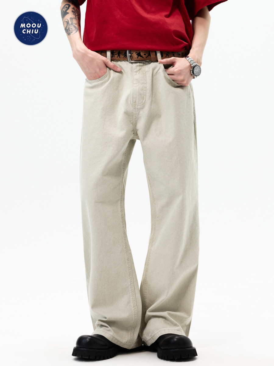 Muqiu Men's Wear | American High Street Cleanfit Slightly Flared Casual Jeans for Men, Loose Wide-Leg Old Money Style Long Pants