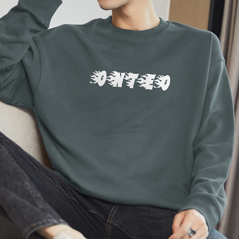320g heavyweight sweater men's spring and autumn clothing fleece-lined warm round neck hoodless long sleeve t-shirt fashion printed clothes