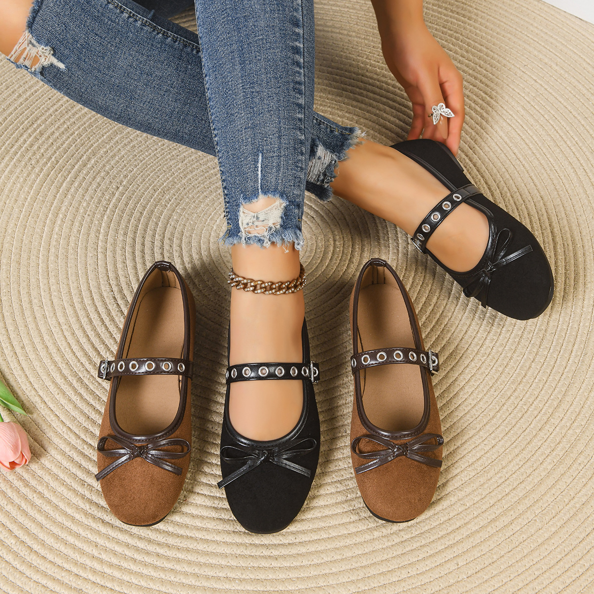 2026 Spring New European and American Foreign Trade Large Size Round-Toe Flat Shallow Bow Mary Jane Shoes for Women Wholesale