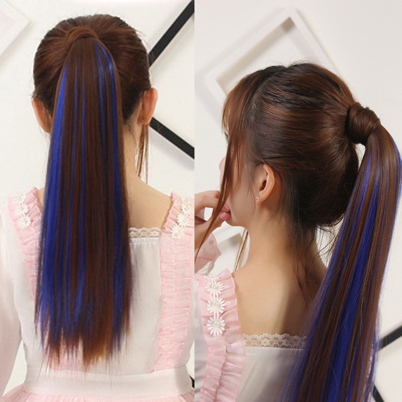Long Straight Hair Women's Wig Horsetail Velcro Color Bleaching Dye Horsetail Color Gradient Straight Hair Horsetail
