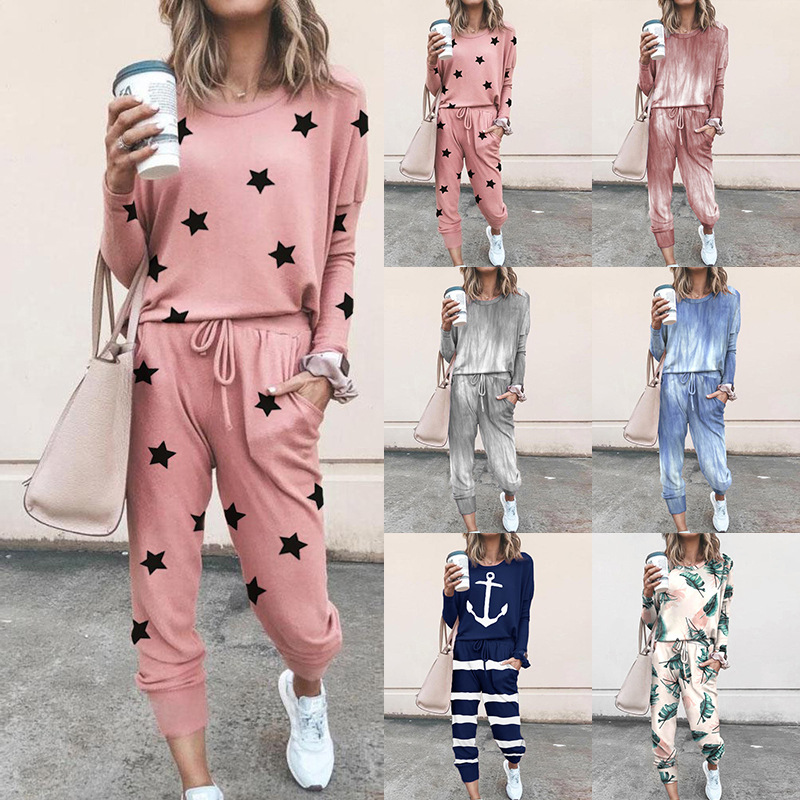 Spot new cross-border European and American women's clothing Amazon explosion loose printing long sleeve casual suit OM9126