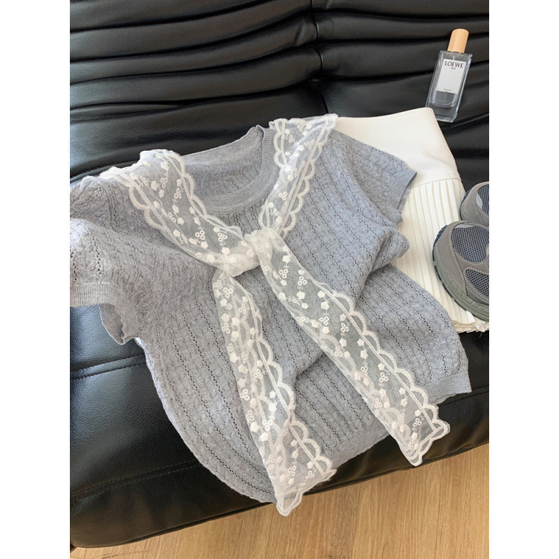 "3.26/Spring New Collection" Xuan Xiao Jie Lace Patchwork Shawl Knit Short-Sleeve T-Shirt for Women