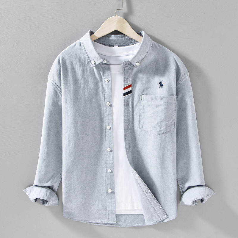 Japanese-Style Minimalist Embroidered Oxford Long-Sleeve Shirt for Men, Fashionable Versatile Casual Artistic Loose Pure Cotton Shirt 3316