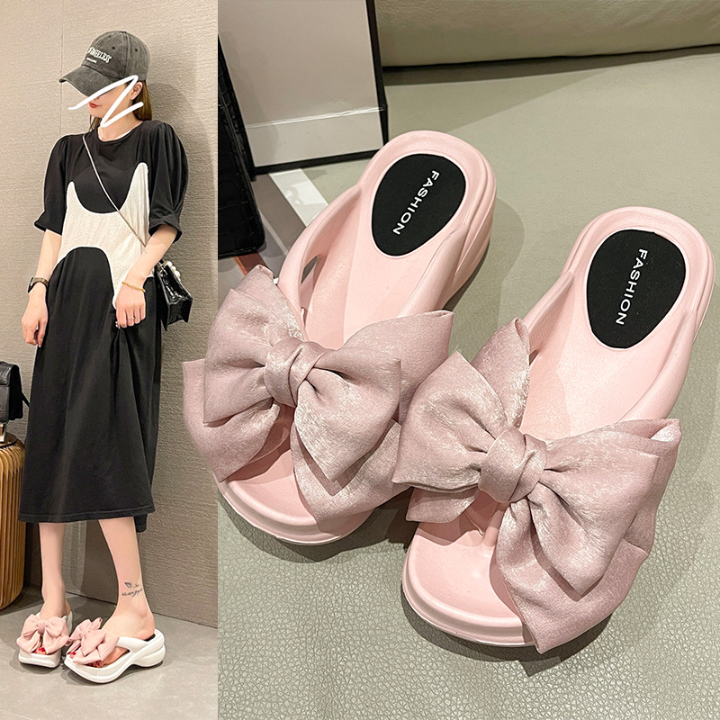Bow Flip-Flops for Women's Summer Outer Wear, Fashionable Thick-Soled Wedge-Heeled Beach Shoes, Non-Slip Flip-Flops, New Style