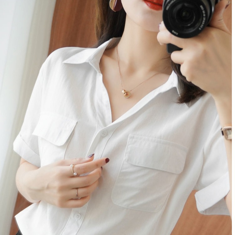 Japanese-Style Short-Sleeve Shirt for Women, Summer 2026 New Korean Version, Professional Formal Workwear, Double-Pocket V-Neck Shirt, Trendy