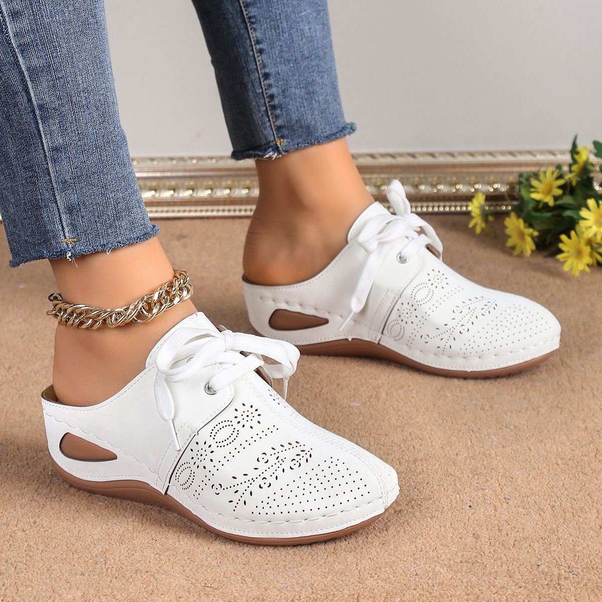 Cross-border Foreign Trade New Style Baotou Half-Mill Shoes Lace-up Wedge Women's Sandals European and American plus size Hollow Sandals