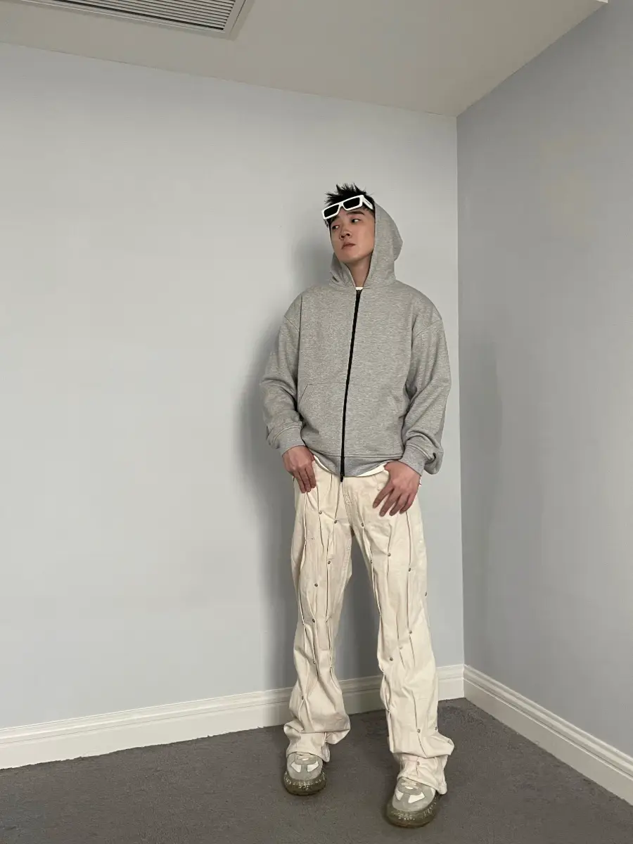 Kusikohc Tizzyt Irregular Rivet Pleated Jeans with Asymmetrical Ruching and Stacked Casual Flared Pants for Men