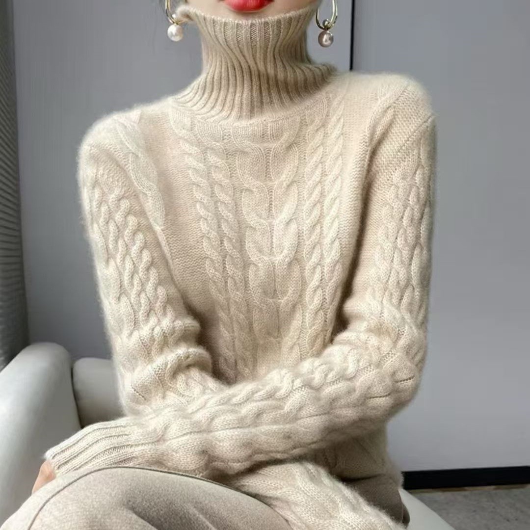 New Autumn and Winter High-Neck Thickened Cable-Knit Pullover Women's Loose-Fitting Long-Sleeve Top Wholesale