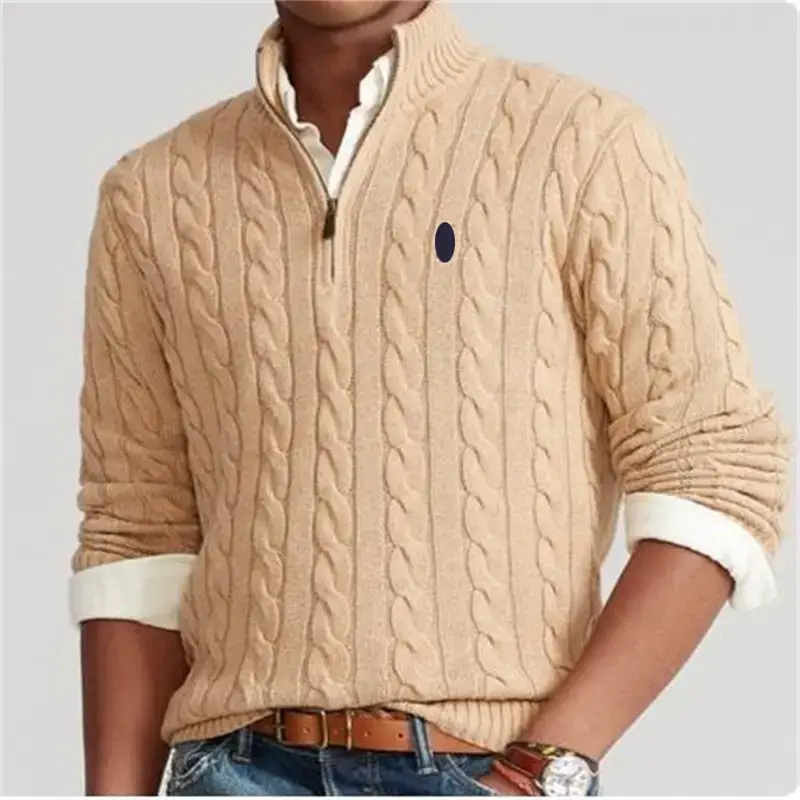 Fall and winter Men Sweater Small Pony Label Half Zipper thickened Cable Stitch pullover Casual thickened Wool Knitwear Trendy