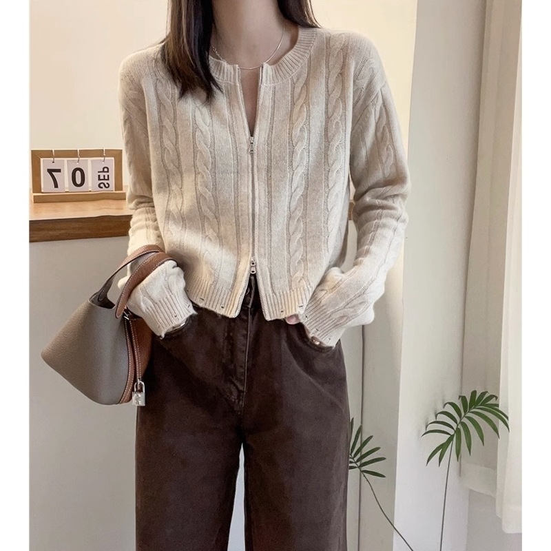 Autumn and Winter Korean Style Academy Style Knitted Cardigan Solid Color Short Hemp Pattern Round Neck Zipper Sweater Jacket for Women