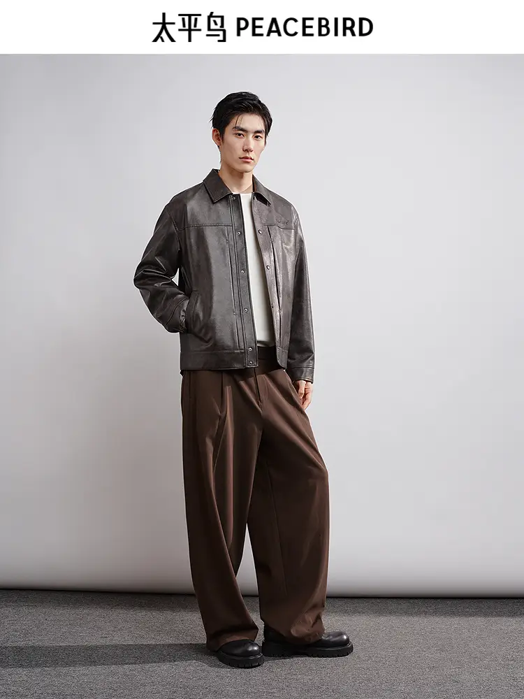 Peacebird Men's Colored Pu Leather Jacket 2025 Spring New arrival Fashion Lapel Casual Outwear Embroider Jacket
