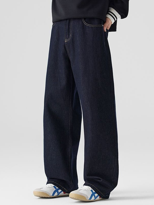 Shanggu Men's Clothing | Men's Straight-Leg Jeans with Semi-Elastic Waist, Non-Fading Raw Denim, Trendy Versatile Loose Fit.