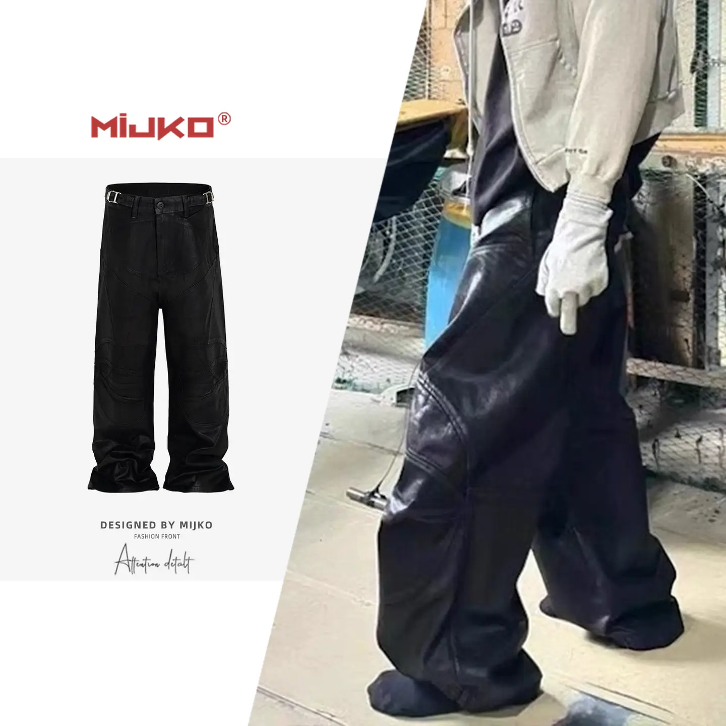 MIJKO men's women's coated biker armor crease pants men and women's black deconstructed spliced jeans tide