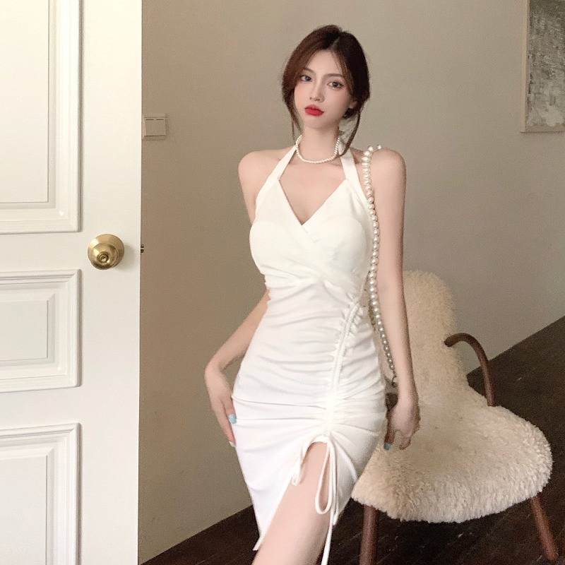 Sexy Hot Girl Halter Neck V-Neck Strap Dress for Women, Summer Hong Kong Style Retro Backless Drawstring Ruched Nightclub Bodycon Dress