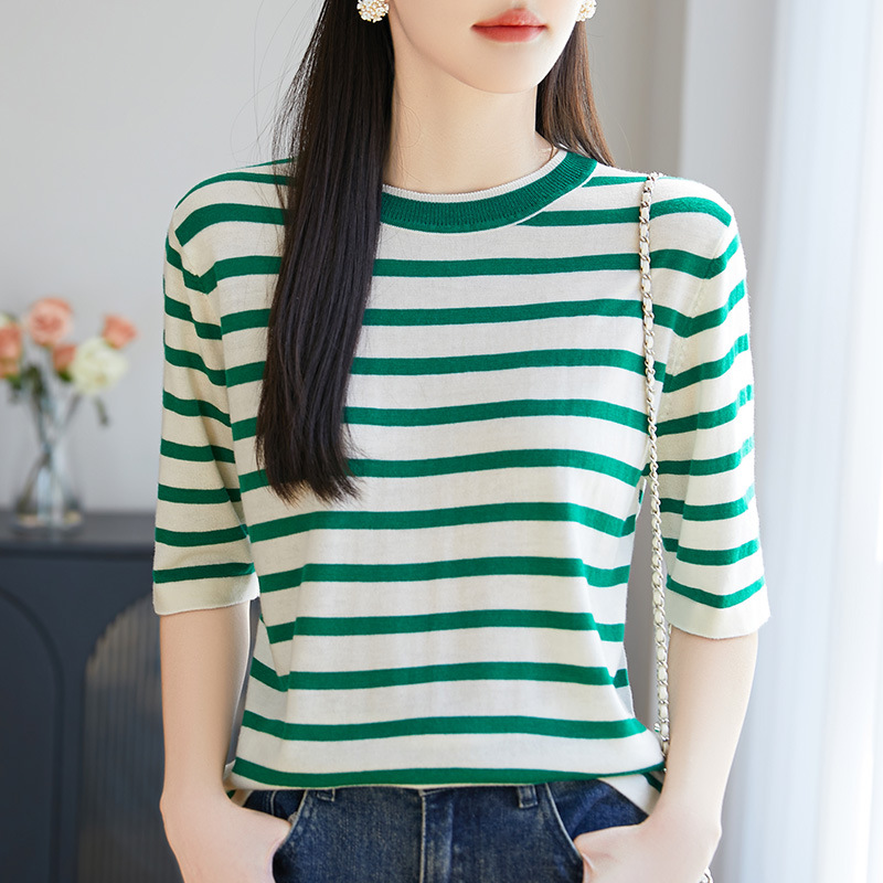 2025 Spring and Summer New Style Simple and Versatile Contrasting Stripesd Women's Tencel Half-Sleeved Round Neck Pullover Knitted T-Shirt